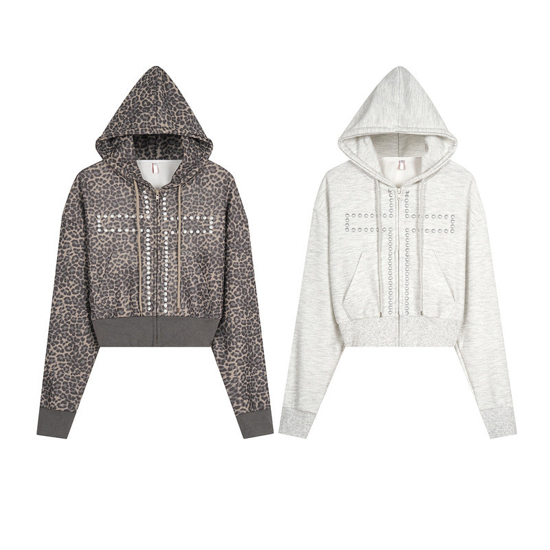 Women's hoodie with cross decoration short and wide hoodie with zipper jacket