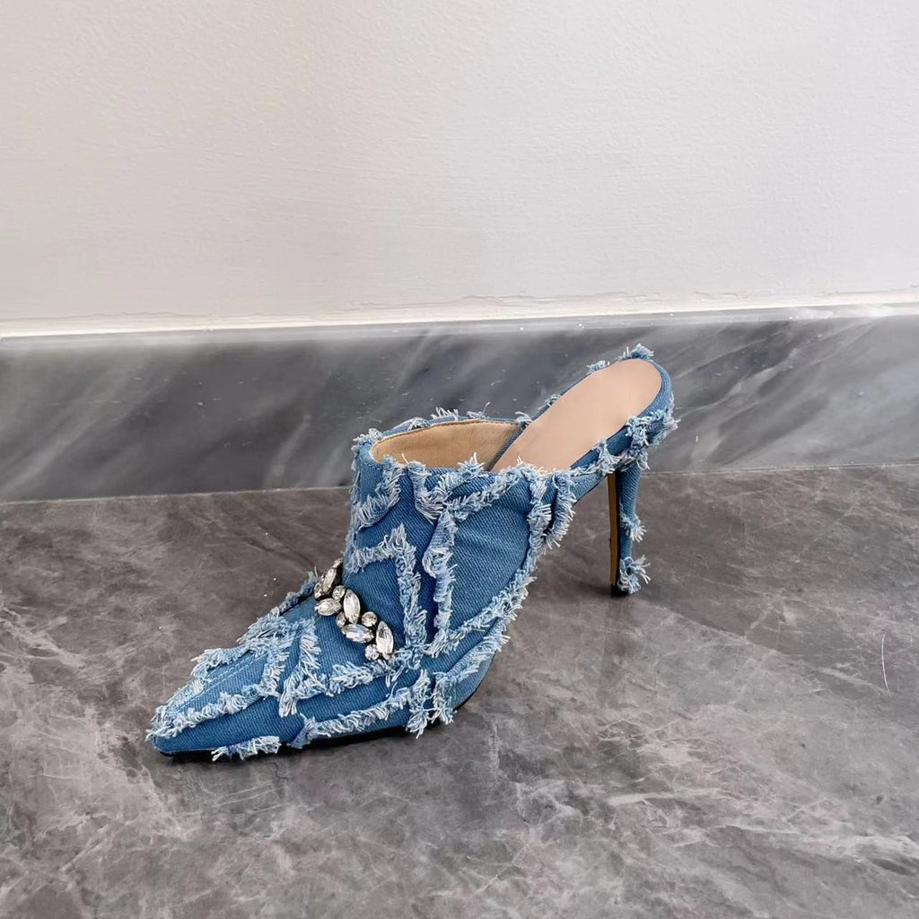 Womens Rainbow Colors Sequins Rhinestones Bling Mules Stilettos High Heel Denim Jeans Slippers