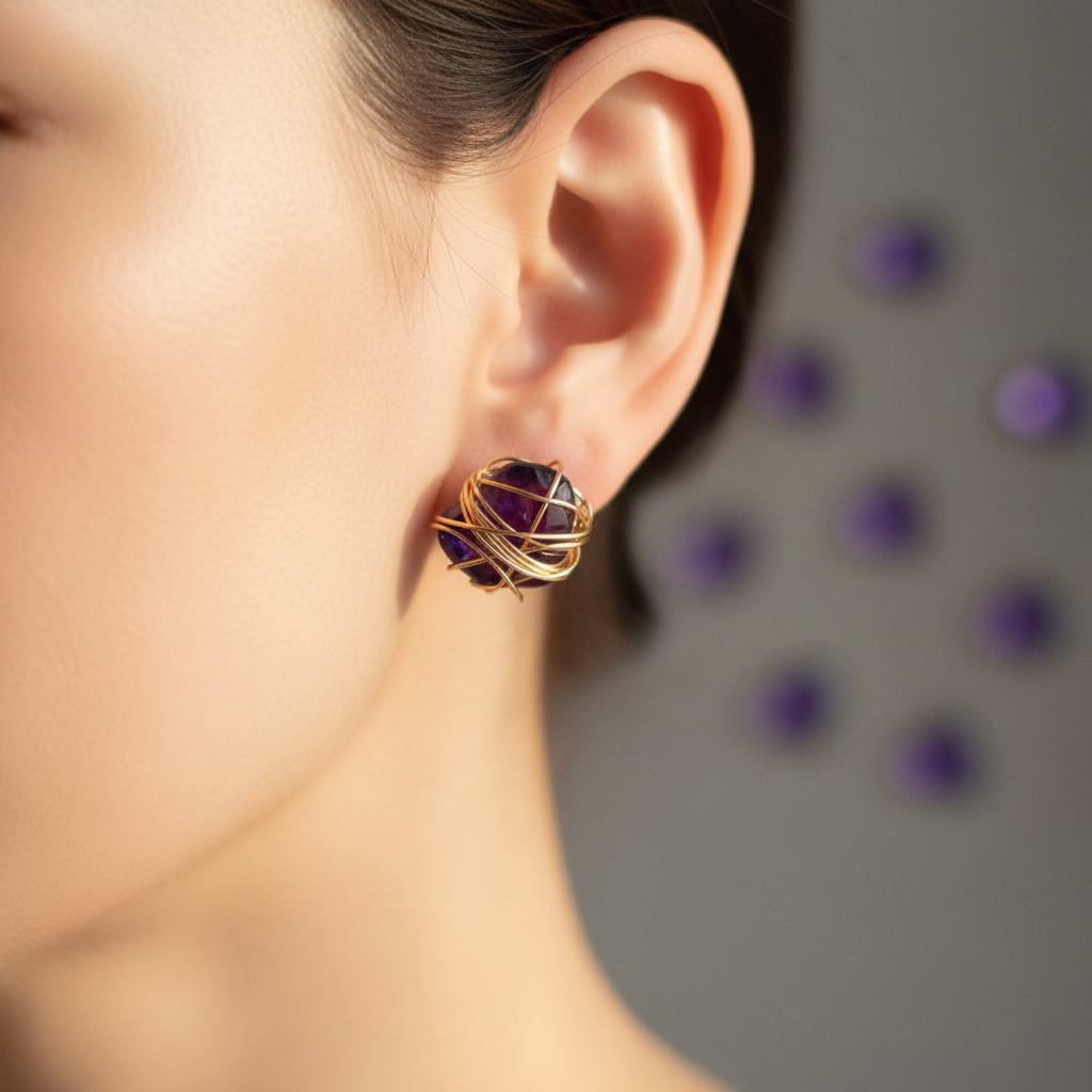 Purple Wire White Heart Stud Earrings | by Ifemi Jewels