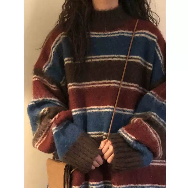 Aesthetic Sweaters Neck Harajuku Pullover Womens Japanese Striped Jumpers Knitwear Autumn Grunge Contrast Color Pullovers