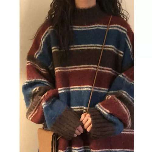 Aesthetic Sweaters Neck Harajuku Pullover Womens Japanese Striped Jumpers Knitwear Autumn Grunge Contrast Color Pullovers