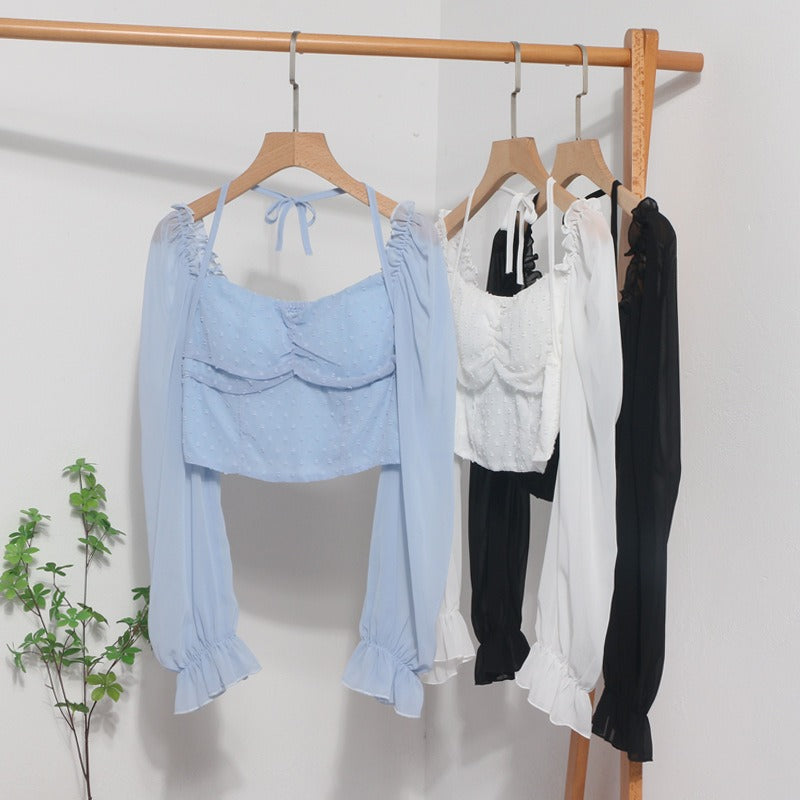 Square Neck Leaky Collar Short Shirt New Lantern Long Sleeve Lace Up Neck Shirt Womens Top