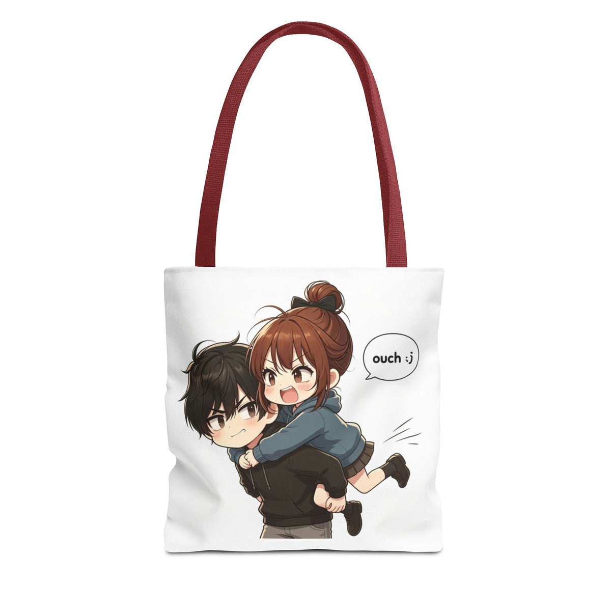 Cute Anime Couple Piggyback Tote Bag – "Ouch" Chibi Love AOP Tote