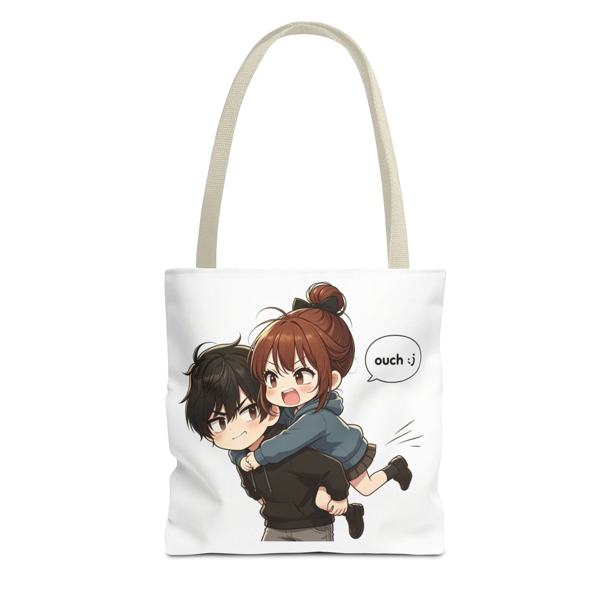 Cute Anime Couple Piggyback Tote Bag – "Ouch" Chibi Love AOP Tote