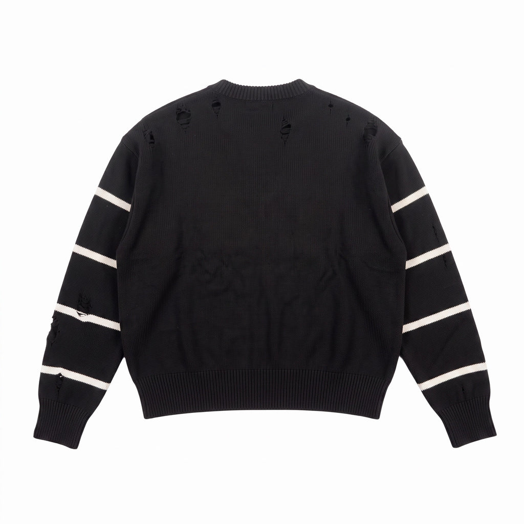 Distressed Hollow-out Patchwork Stripe Number Frayed Edge Embroidery Pullover sweater