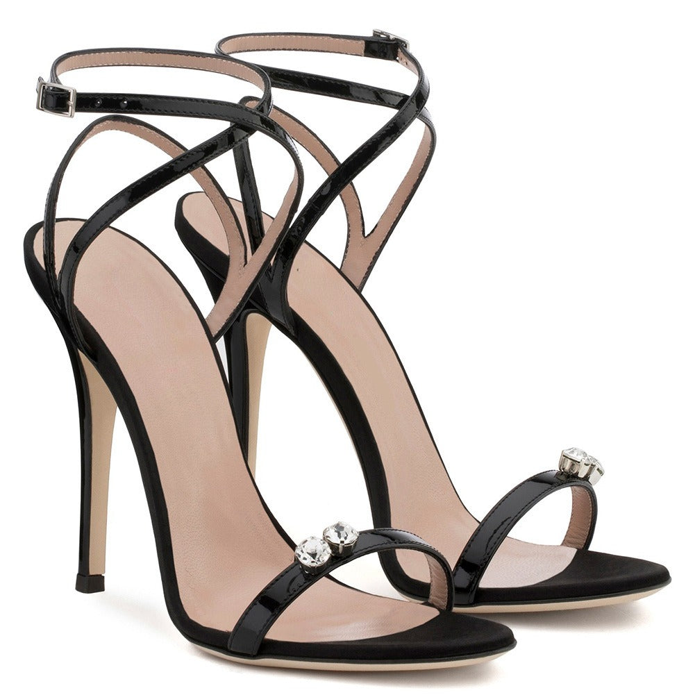 European and American Womens Black One Line With Rhinestone Heels And Sandals, Dinner Shoes, Chengdu Fashion Womens Shoes
