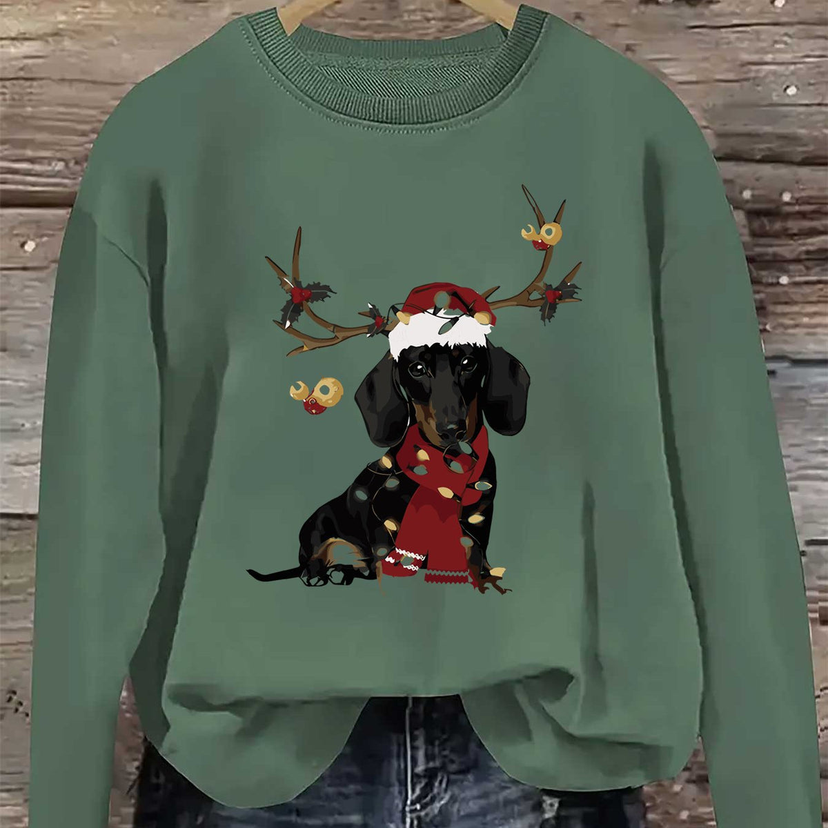 Women'S Christmas Dachshund Sweatshirt, Polyester  Crew