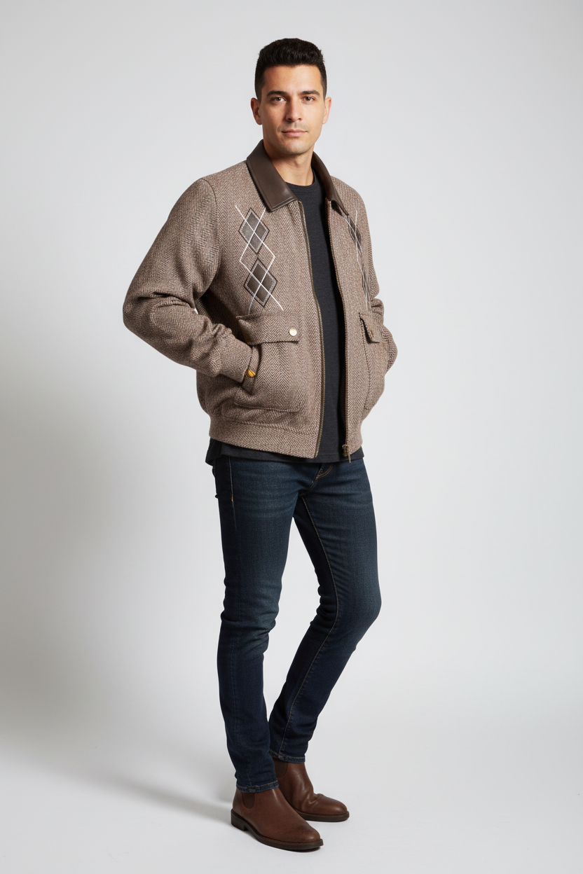 Leather collar herringbone design jacket