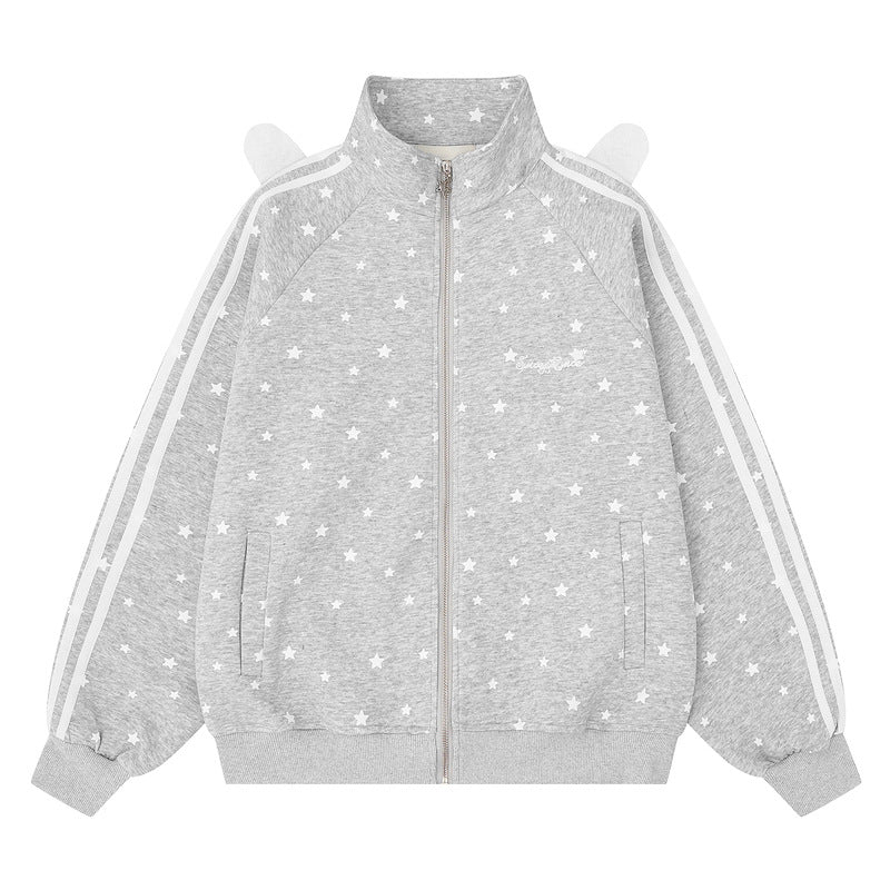 Full printed white star light gray standing collar zipper hoodie