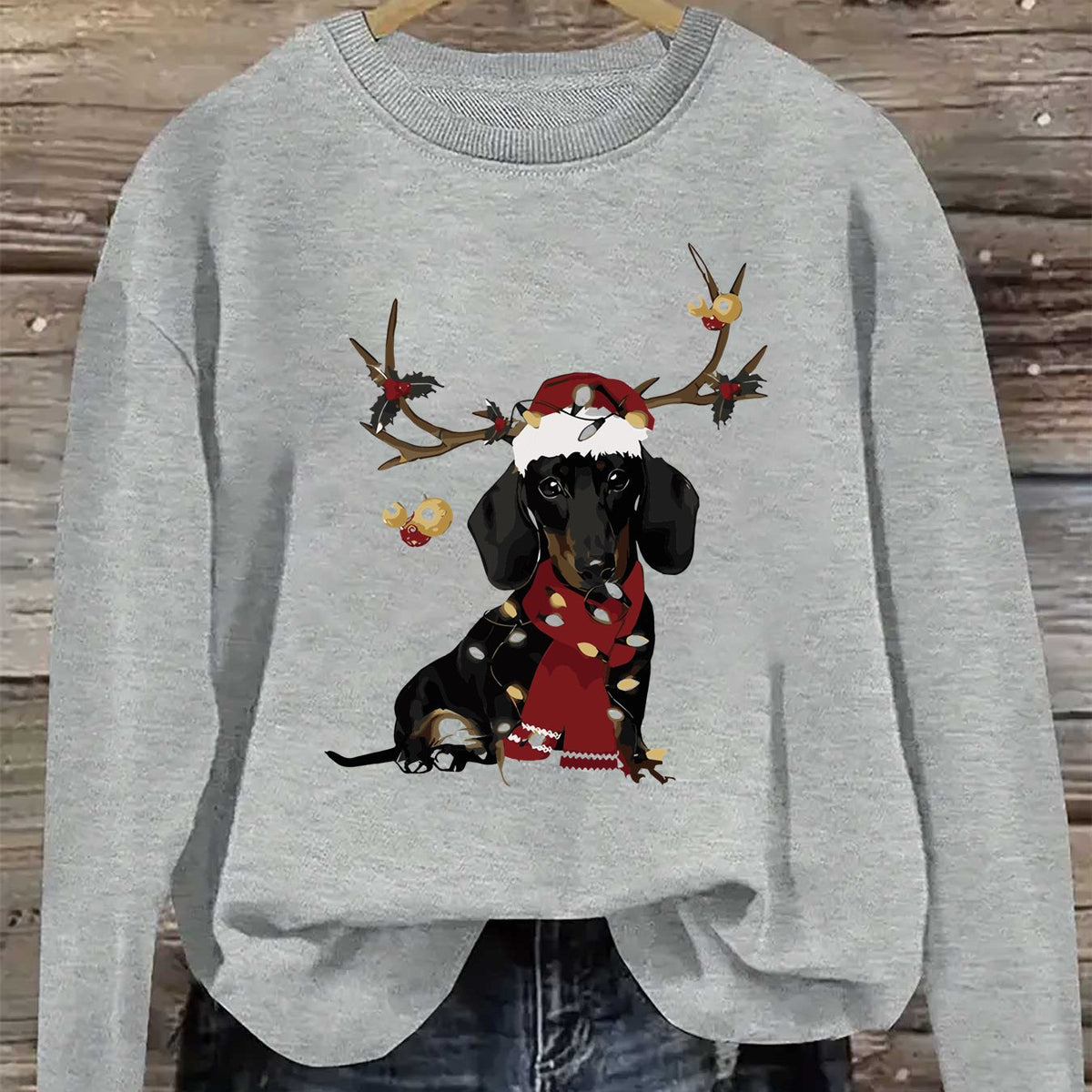 Women'S Christmas Dachshund Sweatshirt, Polyester  Crew