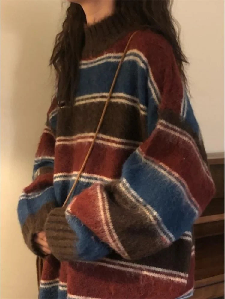 Aesthetic Sweaters Neck Harajuku Pullover Womens Japanese Striped Jumpers Knitwear Autumn Grunge Contrast Color Pullovers
