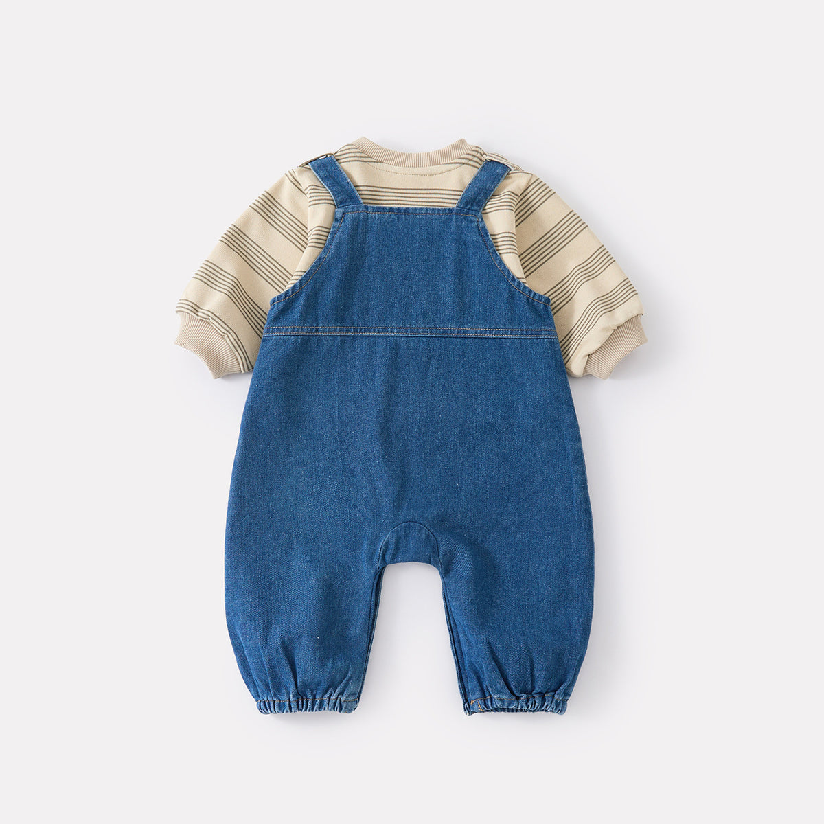 Boy Denim Overalls Set with Striped Bodysuit Two-Piece Outfit