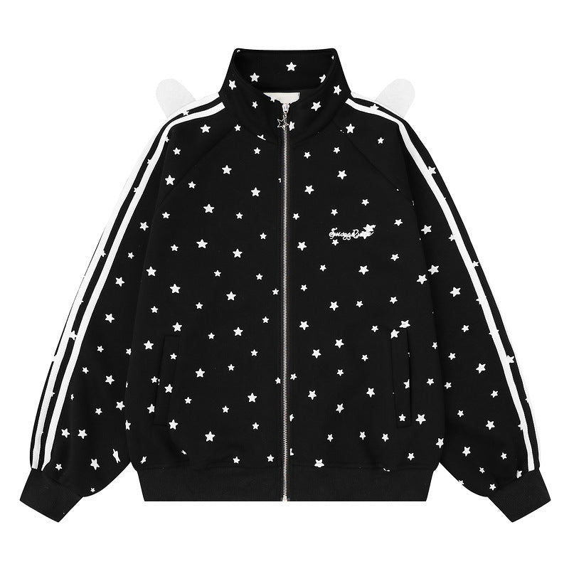 Full printed white star light gray standing collar zipper hoodie
