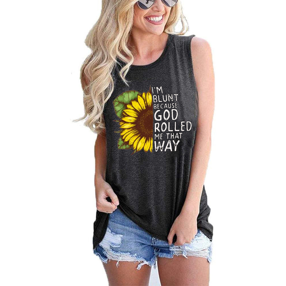 Women's Top Sunflower Print Crew Neck Sleeveless Tank Top