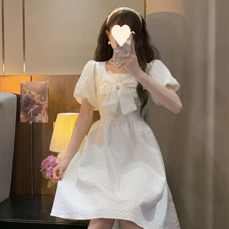 Design Square Neck White Bow Dress Fairy Dress Cake Dress