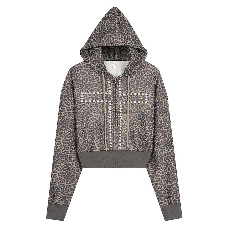 Women's hoodie with cross decoration short and wide hoodie with zipper jacket