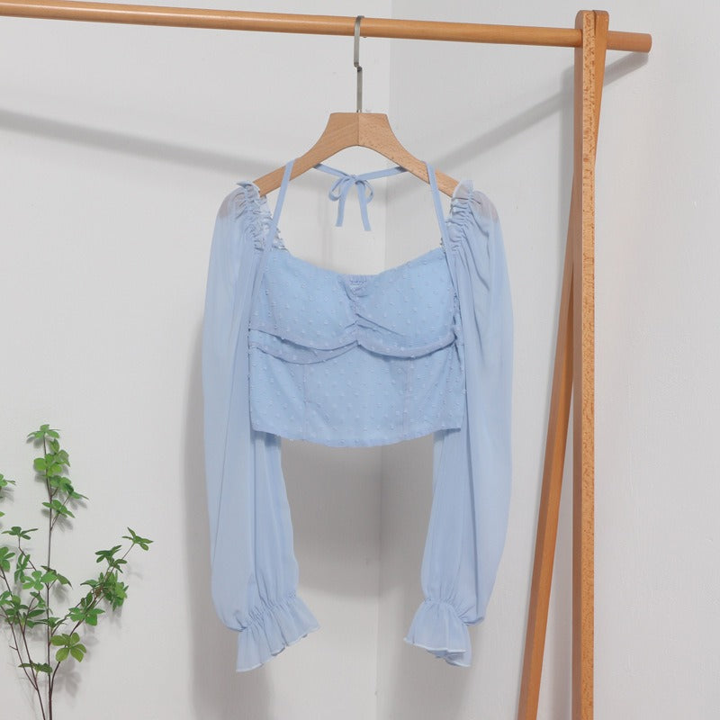 Square Neck Leaky Collar Short Shirt New Lantern Long Sleeve Lace Up Neck Shirt Womens Top