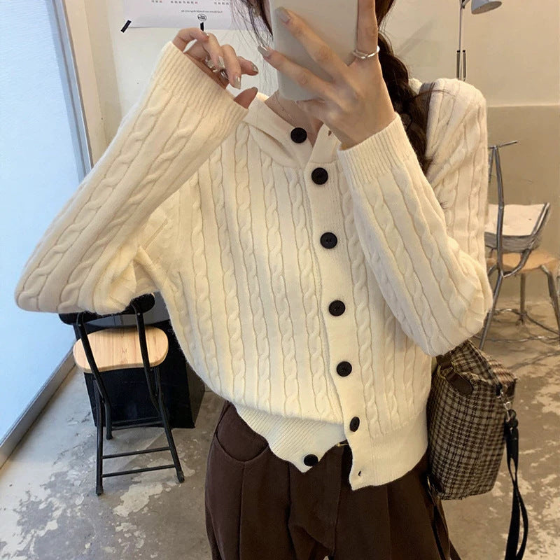 Hooded Cable Knit Cardigan for Women, Design Button Sweater Coat