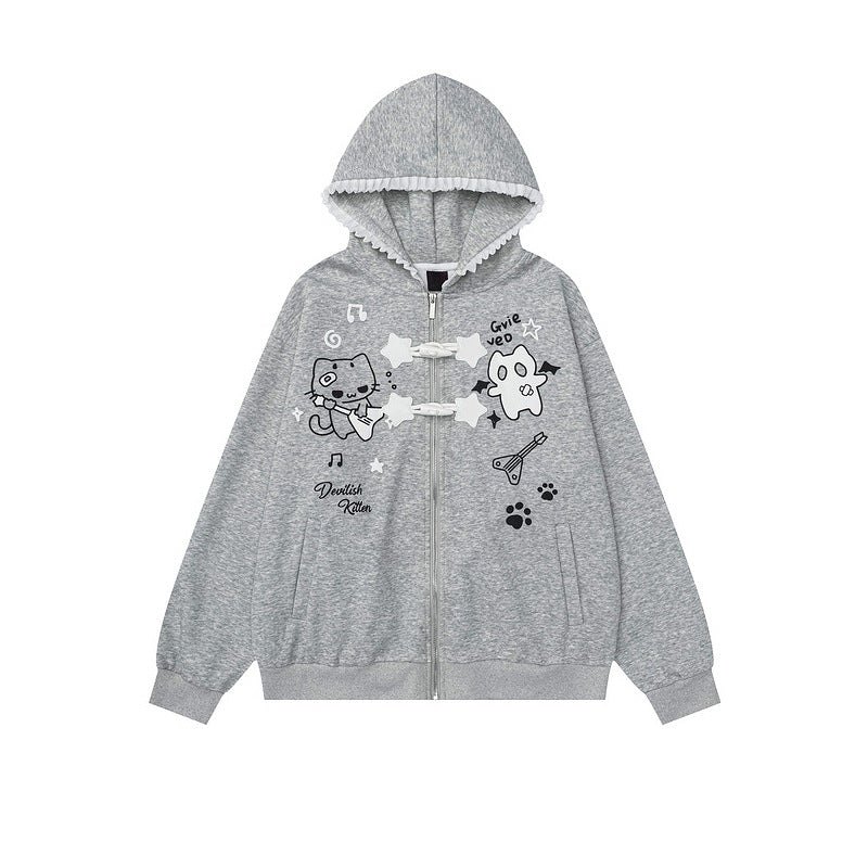 Cat print hooded cardigan sweater jacket