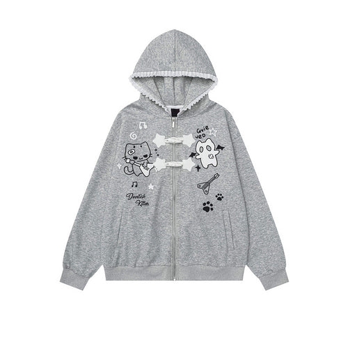 Cat print hooded cardigan sweater jacket