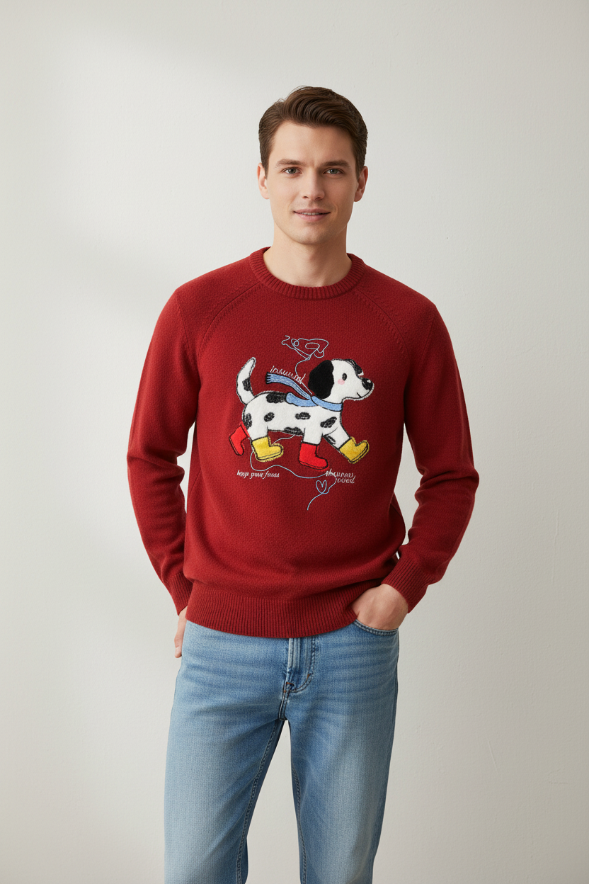 Men's Embroidered Round Neck Loose Sweater