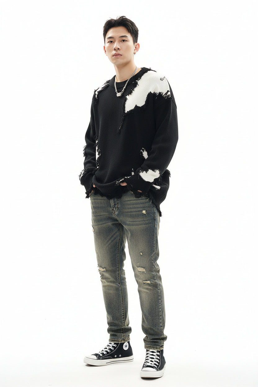 Cat whisker tassel torn hole spliced contrasting sweater