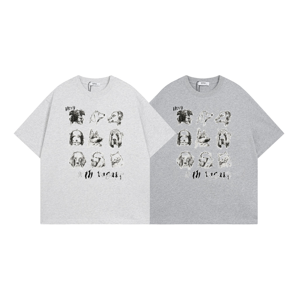 Retro Fun Pet Print Short Sleeve T-Shirt Men's Summer Loose Casual Versatile Couple Top