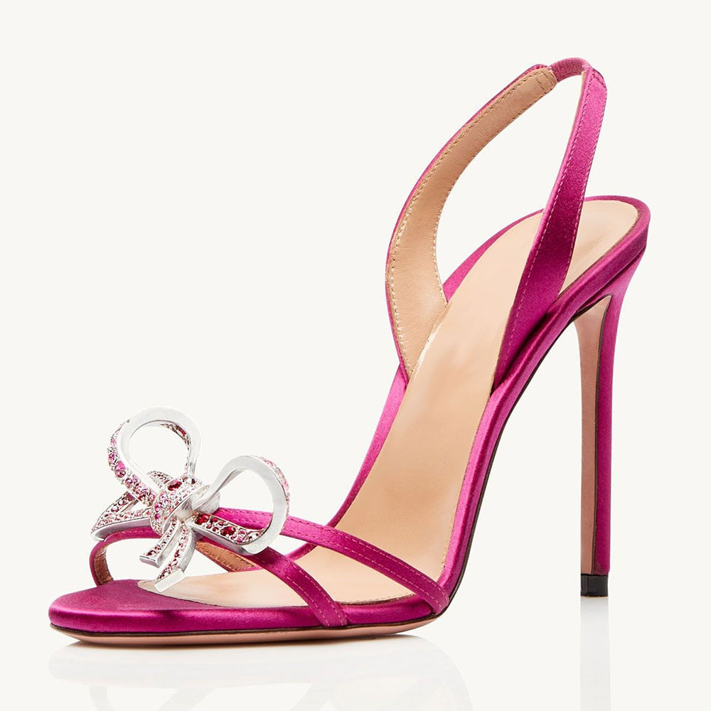European and American Large Silver Diamond Bow Womens High Heel Sandals