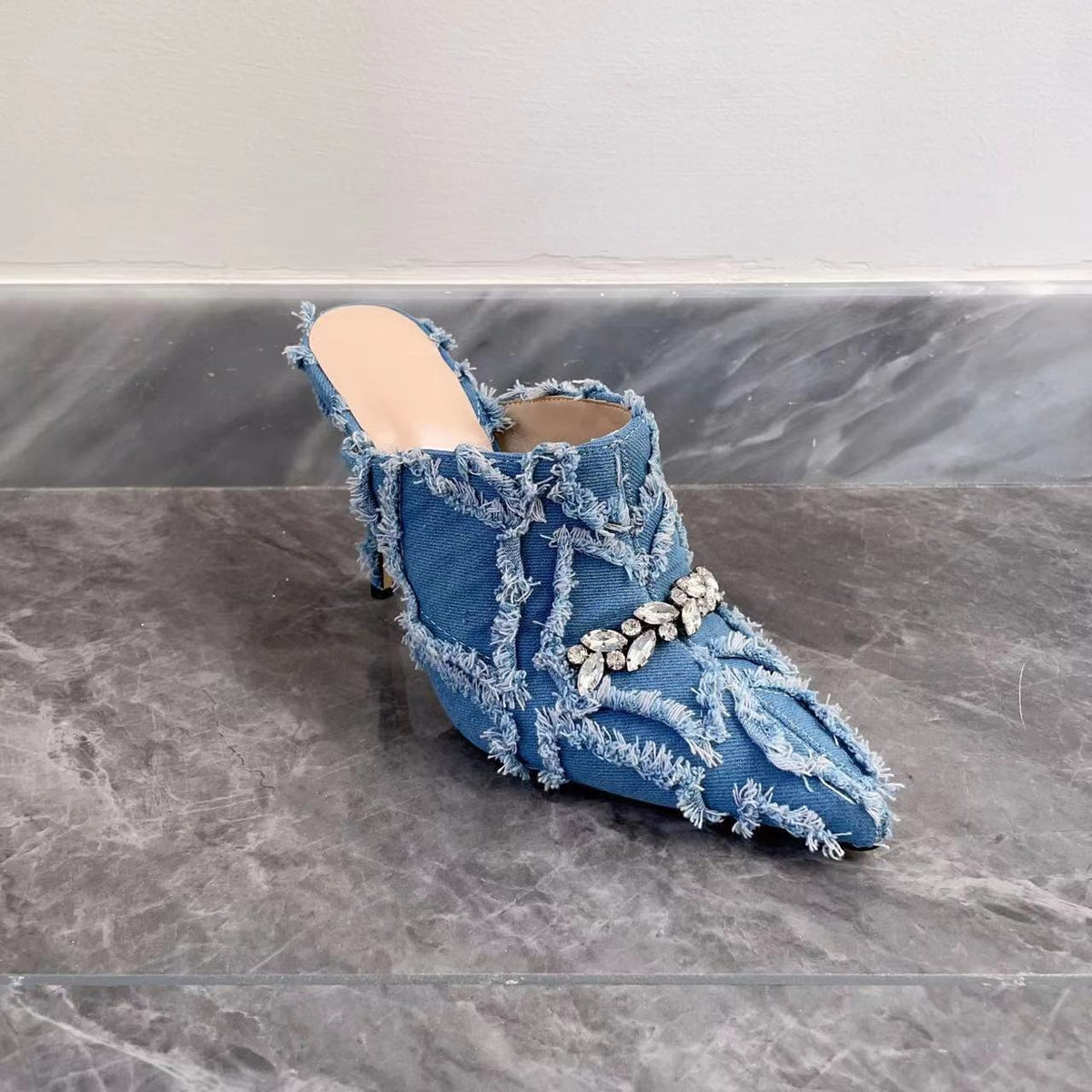 Womens Rainbow Colors Sequins Rhinestones Bling Mules Stilettos High Heel Denim Jeans Slippers