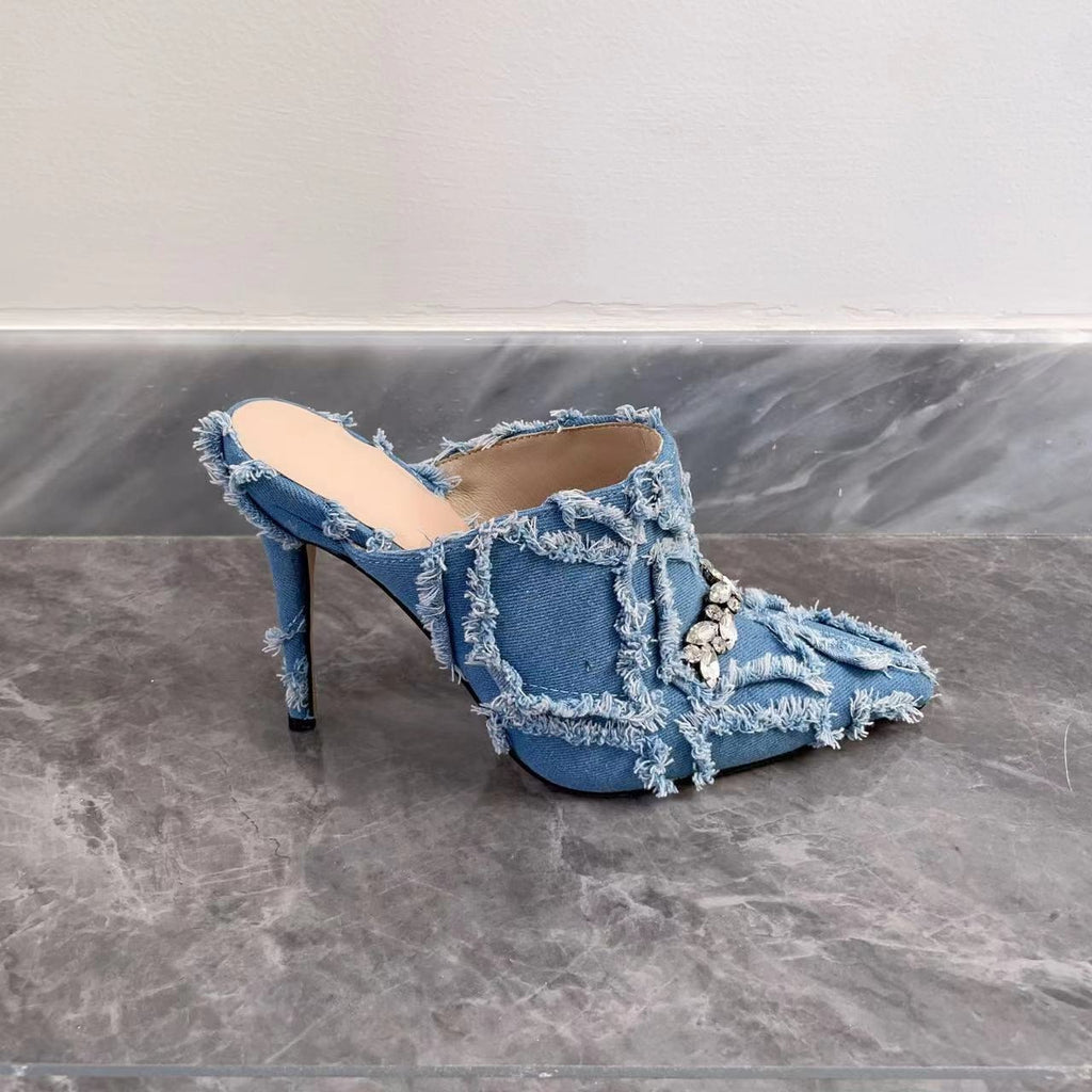 Womens Rainbow Colors Sequins Rhinestones Bling Mules Stilettos High Heel Denim Jeans Slippers