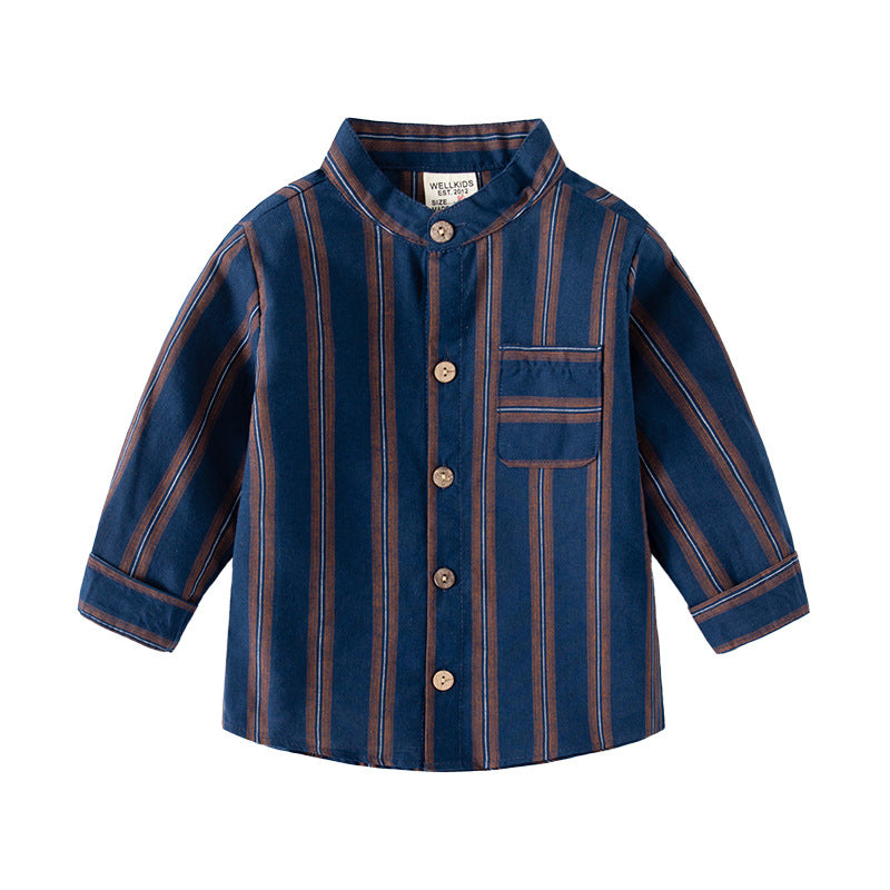 Long Sleeve Shirt Korean Style Boy Standing Collar Striped Dress Shirt Baby Top Fashion Kids Clothing Wholesale