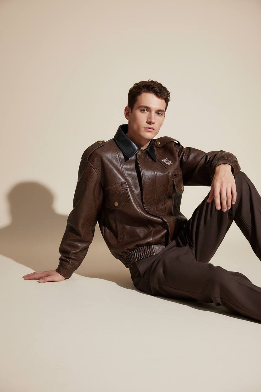 Flip collar vintage PU leather design jacket