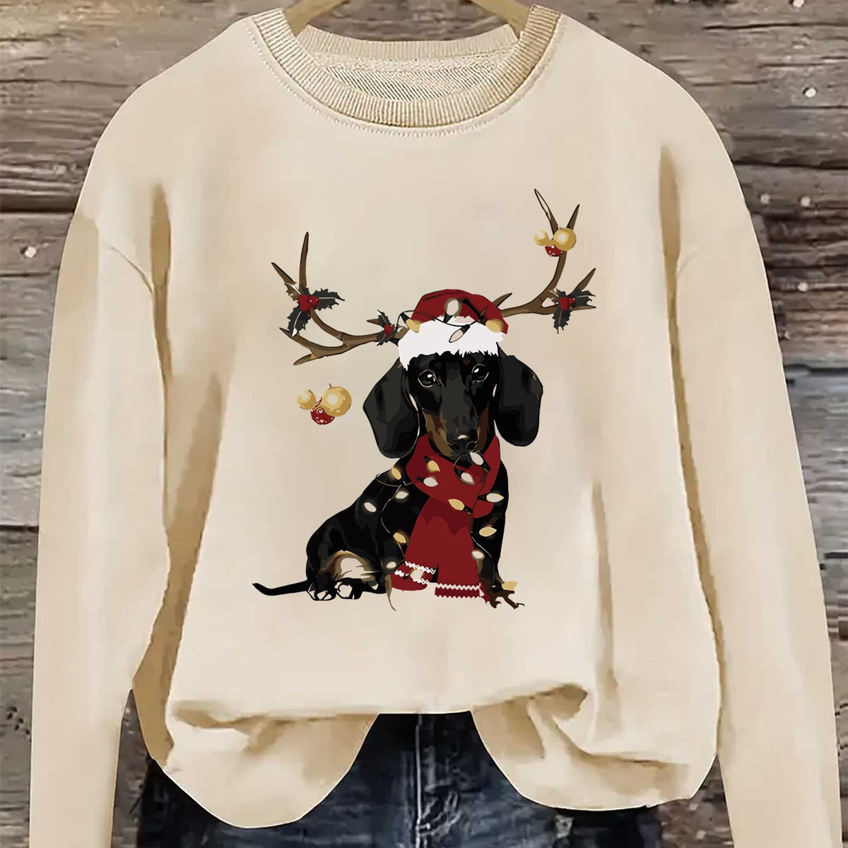 Women'S Christmas Dachshund Sweatshirt, Polyester  Crew
