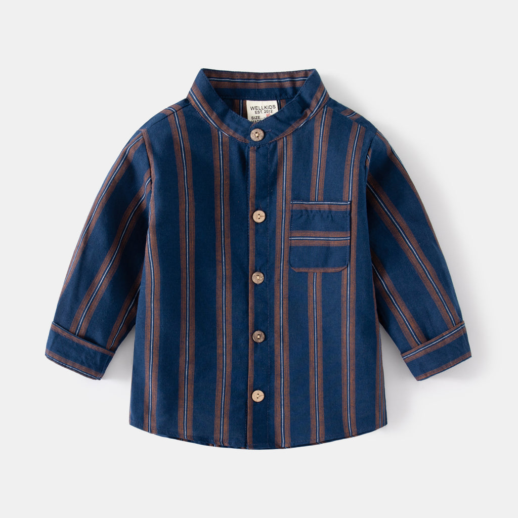 Long Sleeve Shirt Korean Style Boy Standing Collar Striped Dress Shirt Baby Top Fashion Kids Clothing Wholesale
