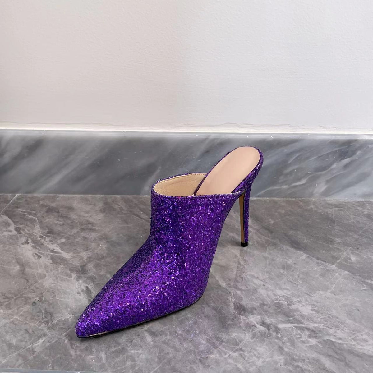 Womens Rainbow Colors Sequins Rhinestones Bling Mules Stilettos High Heel Denim Jeans Slippers
