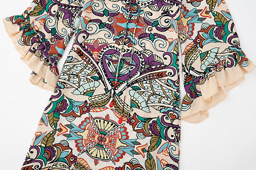 Ladies Dress Layered Decorative Print Midi Dress