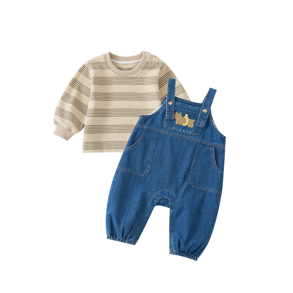 Boy Denim Overalls Set with Striped Bodysuit Two-Piece Outfit