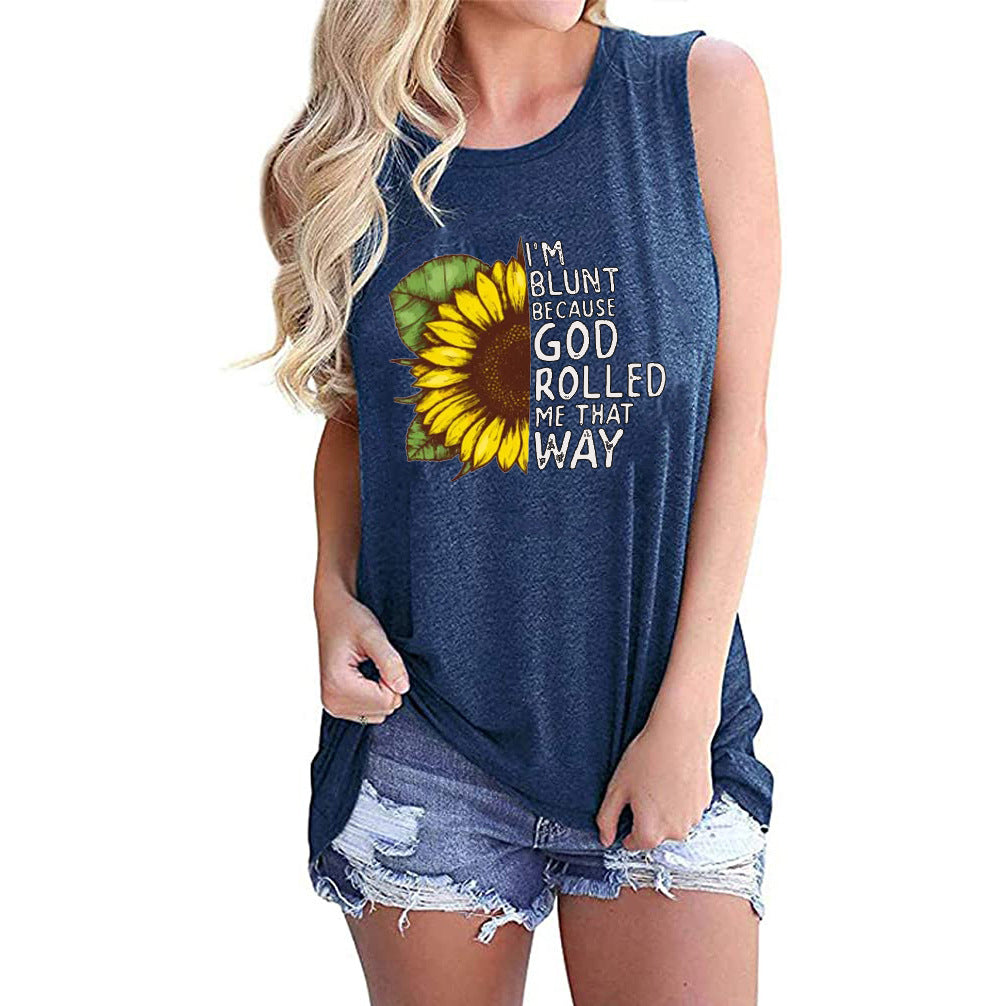 Women's Top Sunflower Print Crew Neck Sleeveless Tank Top