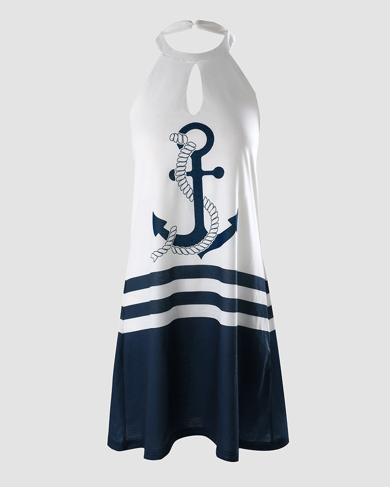 European and American womens new sleeveless printed casual dress with hanging neck skirt