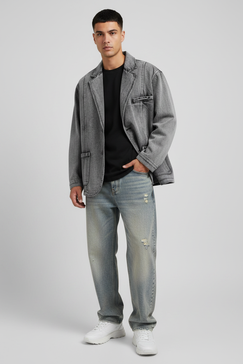 High-End Oversized Washed Distressed Denim Blazer Jacket for Men
