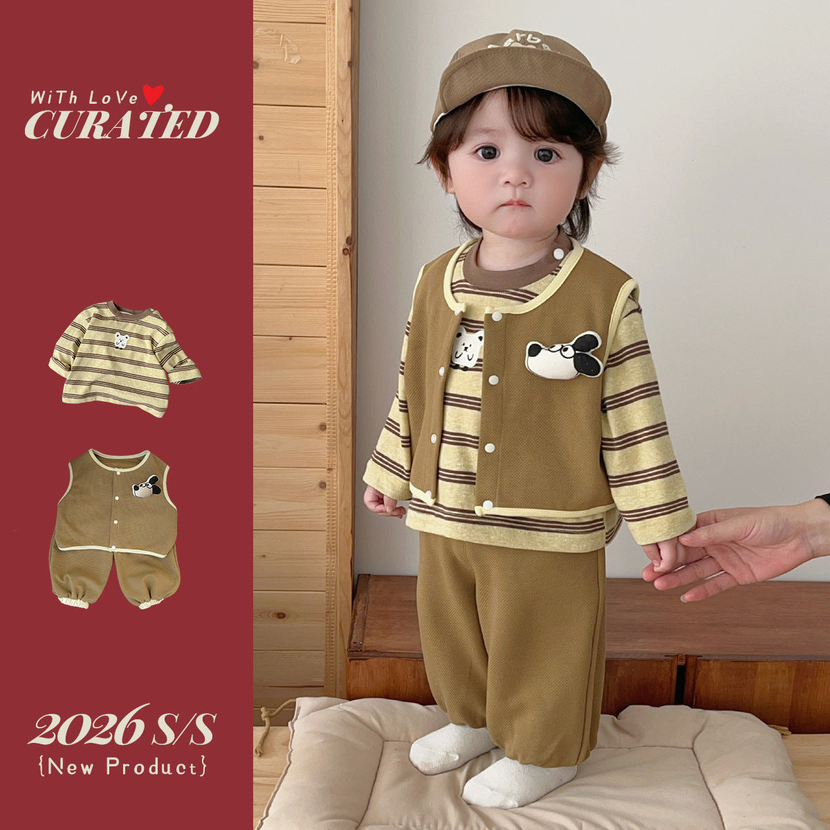 Boy Cartoon Vest Three-Piece Set Boy Casual Long Sleeve T-Shirt Children's Clothing
