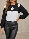 Long Sleeve Knit Cardigan with Hand-Crocheted Floral Patchwork, Loose Short Top