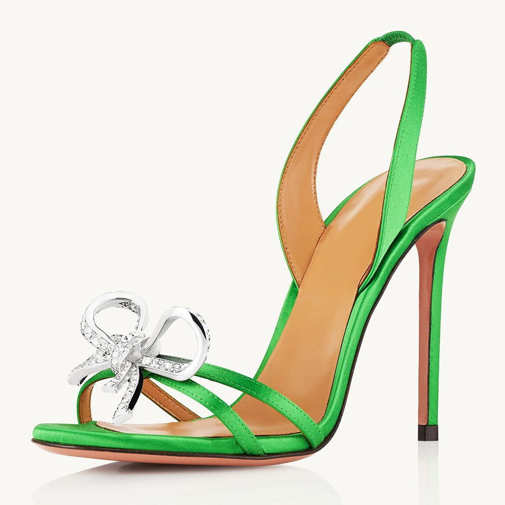 European and American Large Silver Diamond Bow Womens High Heel Sandals