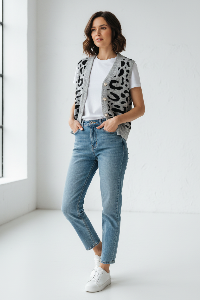 Leopard Print V-Neck Knitted Cardigan Sweater Coat Short Top with Imitation Pearl Buttons Loose Vest