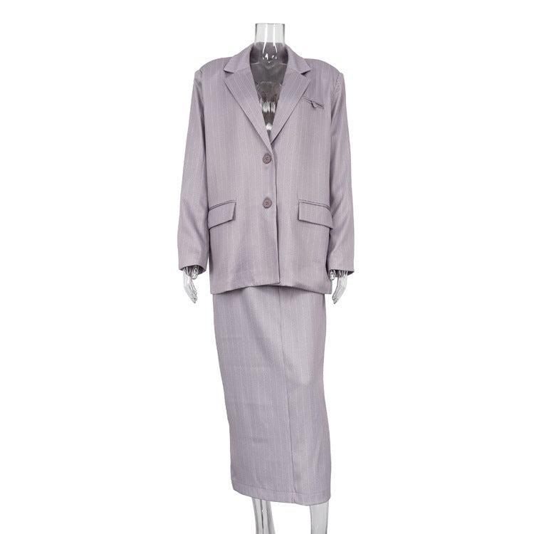 Women's two-piece split half skirt striped suit
