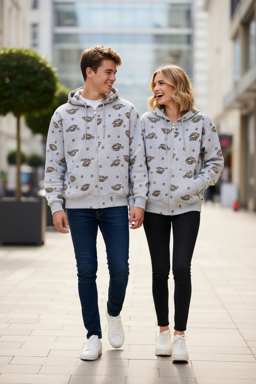 Retro leopard print red lipped women's floral gray hooded cardigan