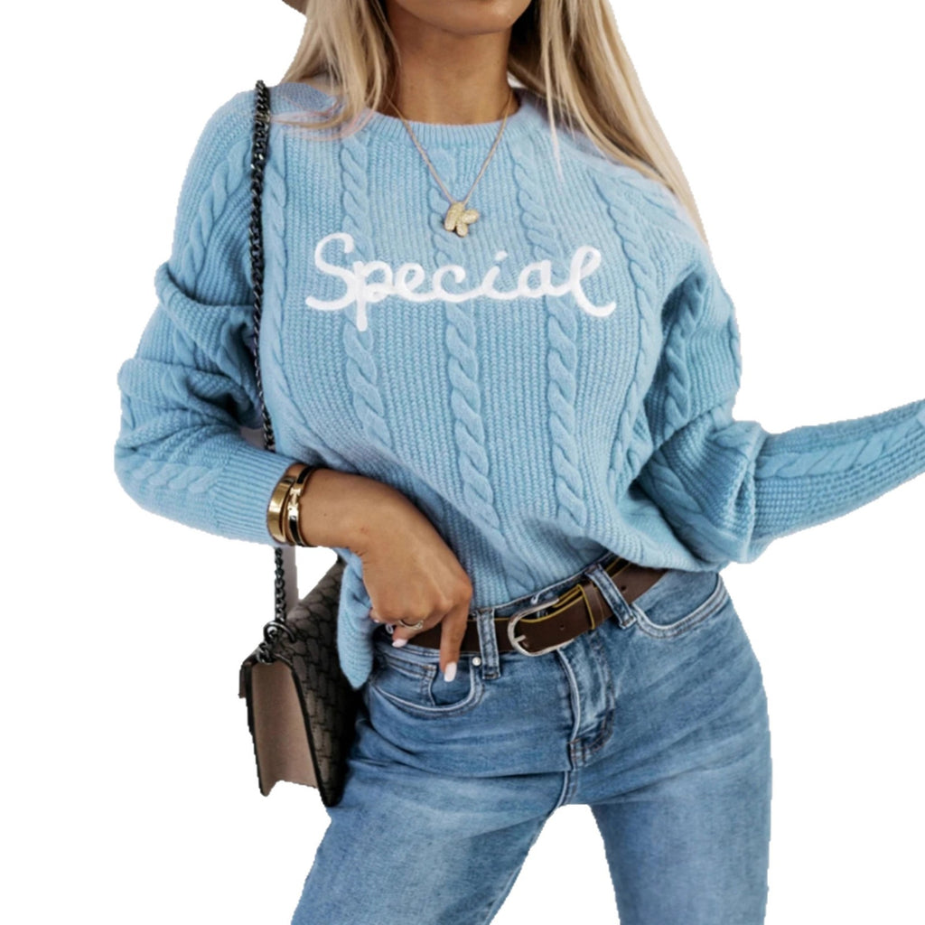 Casual Crew Neck Knit Sweater with Letter Embroidery