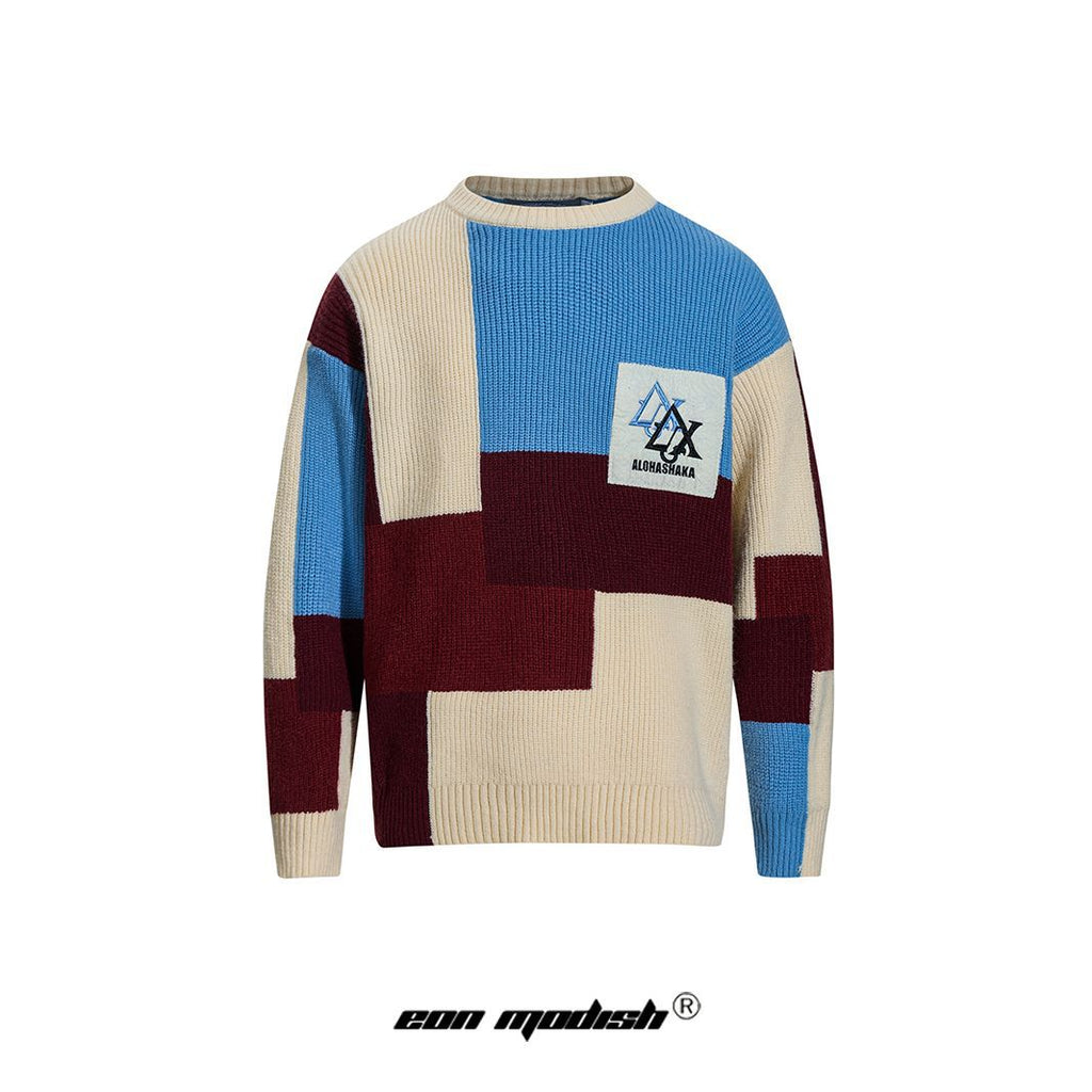 Retro Color Block Embroidered Crew Neck Sweater