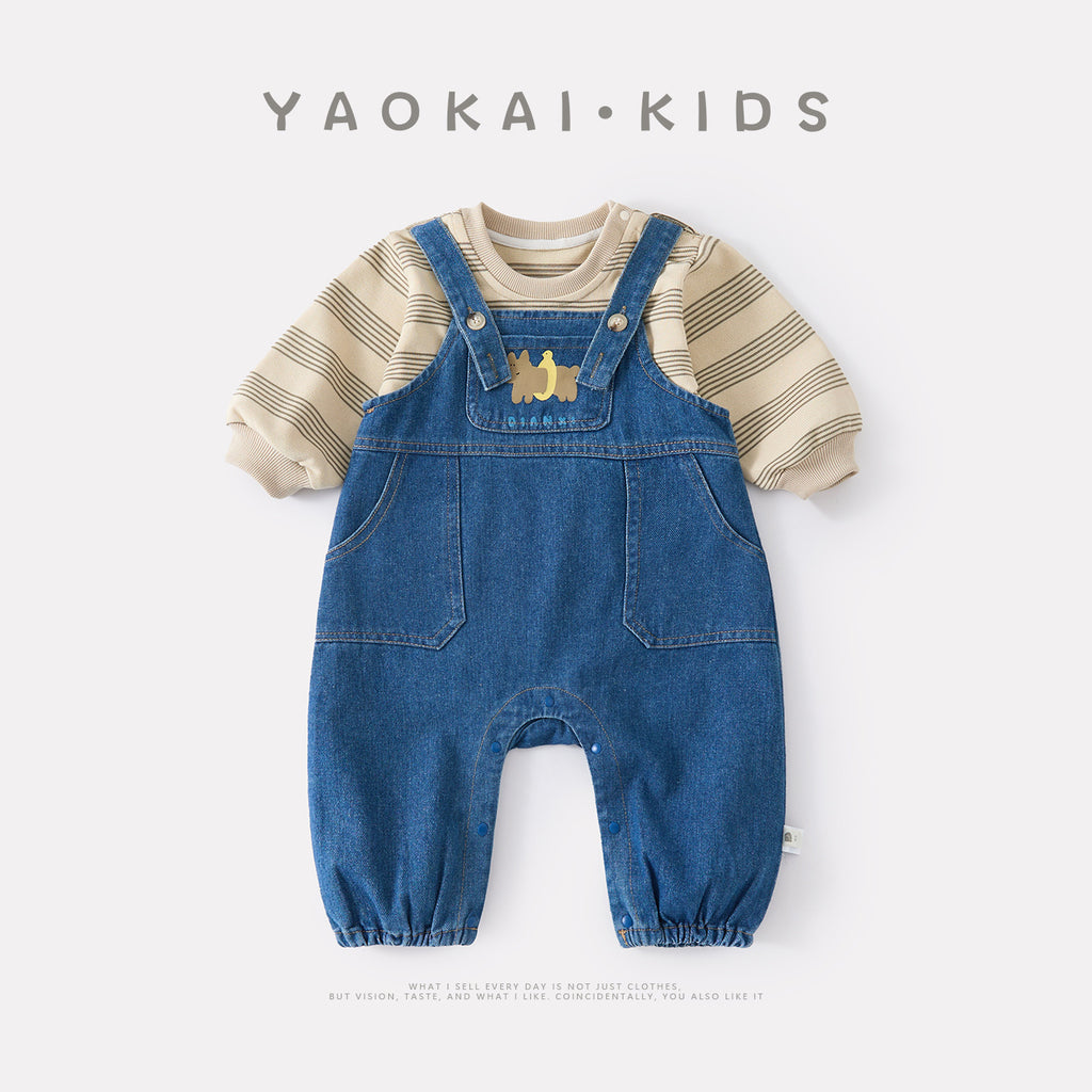 Boy Denim Overalls Set with Striped Bodysuit Two-Piece Outfit