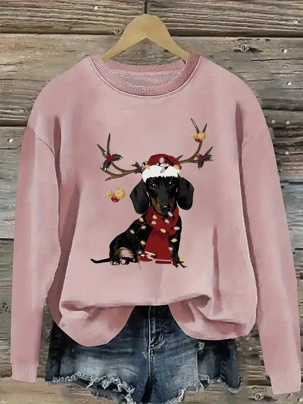Women'S Christmas Dachshund Sweatshirt, Polyester  Crew